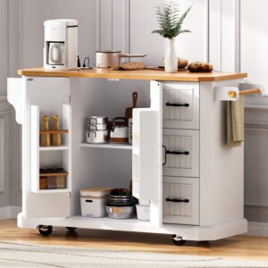 K&K 56 Inch Kitchen Island With Rubber Wood Veneer Drop Leaf, Power Outlet, 4 Door Shelves, Embossed Vertical Stripe Rolling Kitchen Cart On 4 Wheels With 6 Deep Drawers For Kitchen, Dining Room,White