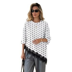 Polka-dot Top Asymmetric Lace-panel T-shirt For Women