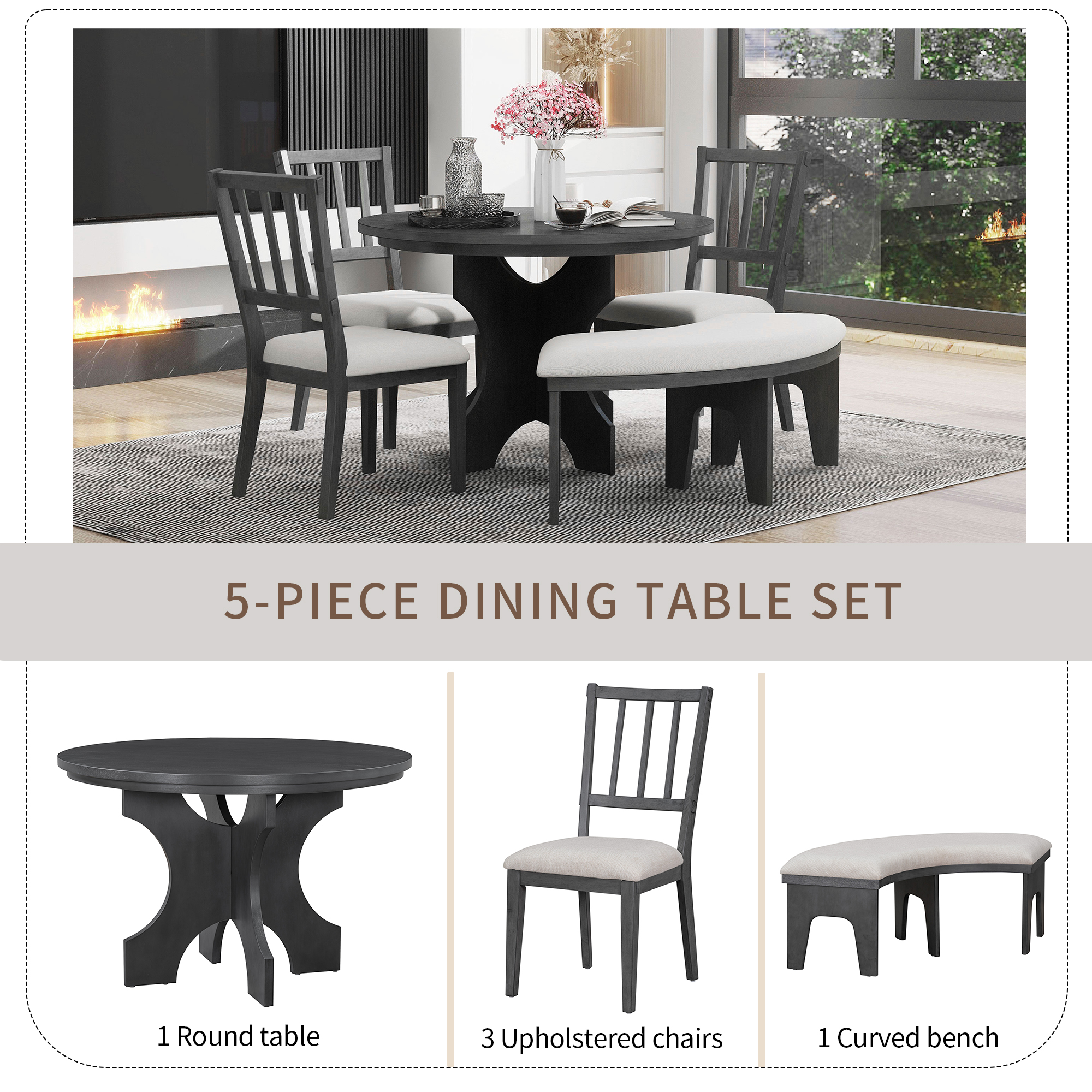 TREXM 5-piece Rustic Charm Round Dining Set With 3 Upholstered Chairs And Curved Bench For Dining Room Kitchen And Living Room Gray - Image 5
