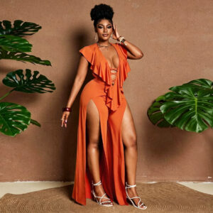 Womens Summer Ruffle-trimmed Wide-leg Split Jumpsuit