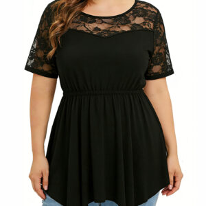 Lace Short-sleeve Top With Elastic Hem, Sheer Fabric, And A Round Neckline