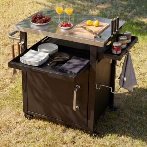 K&K 39.5 Outdoor Grill Cart With Storage Cabinet, Outdoor Bar Cart Pizza Oven Table With Wheels, Stainless Steel Top, Outdoor Kitchen Island With Spice & Paper Rack For BBQ, Waterproof Cover Included