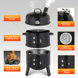 43 X 52 X 85 Cm – Black Cylindrical Smoker With Chimney – Powder-Coated Iron