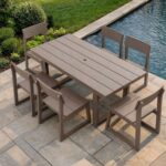 7-Piece HDPE Outdoor Dining Set - All-Weather Patio Table With Umbrella Hole & 6 Armless Chairs, Heavy-Duty, Low-Maintenance, Commercial-Ready Antique Dark Oak