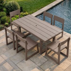 7-Piece HDPE Outdoor Dining Set - All-Weather Patio Table With Umbrella Hole & 6 Armless Chairs, Heavy-Duty, Low-Maintenance, Commercial-Ready Antique Dark Oak