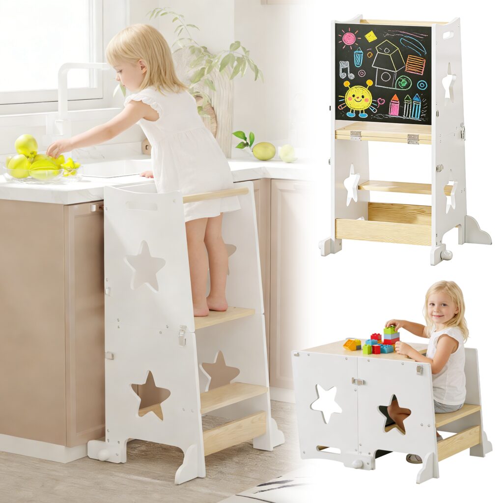 3-in-1 Toddler Kitchen Step Stool, Foldable Learning Standing Tower With Blackboard, Wooden Kitchen Stool Helper For Kids, 1-3 Year Old Boy Girl Gifts