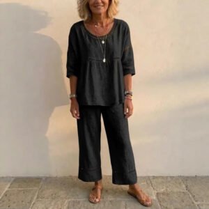 Casual Commuter Comfortable Loose Crew-Neck Linen Set
