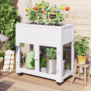 TOPMAx Patio 35.4 X17.7 X37.4 Mini Wood Cold Frame Compact 2 Doors Garden Greenhouse With Wheels Raised Bed With Liner For Indoor Outdoor Use White