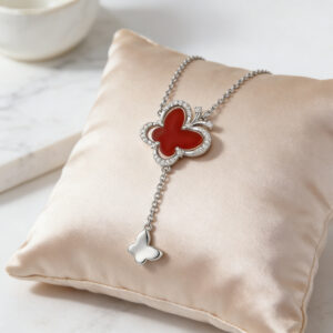 925 Sterling Silver Elegant Silver Butterfly Necklace with Red Stone Inlay and Sparkling Accents