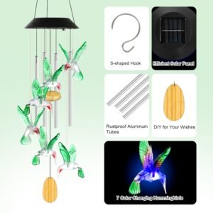 Solar Hummingbird Wind Chime With Aluminum Tubes 7 Color Changing Wind Chime For Outside IPX4 Waterproof Outdoor Garden Yard Decor