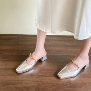 Square Toed MULler Shoes With Toe Caps, Cool Slippers, Women’s Thick Heels, High Heels, Half Drag Single Shoes