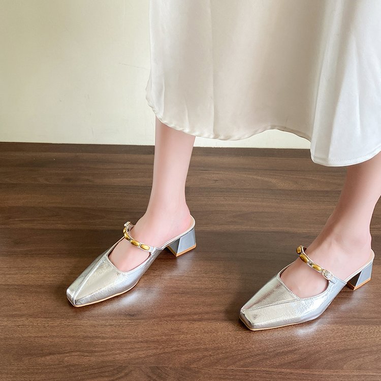 Square Toed MULler Shoes With Toe Caps, Cool Slippers, Women's Thick Heels, High Heels, Half Drag Single Shoes