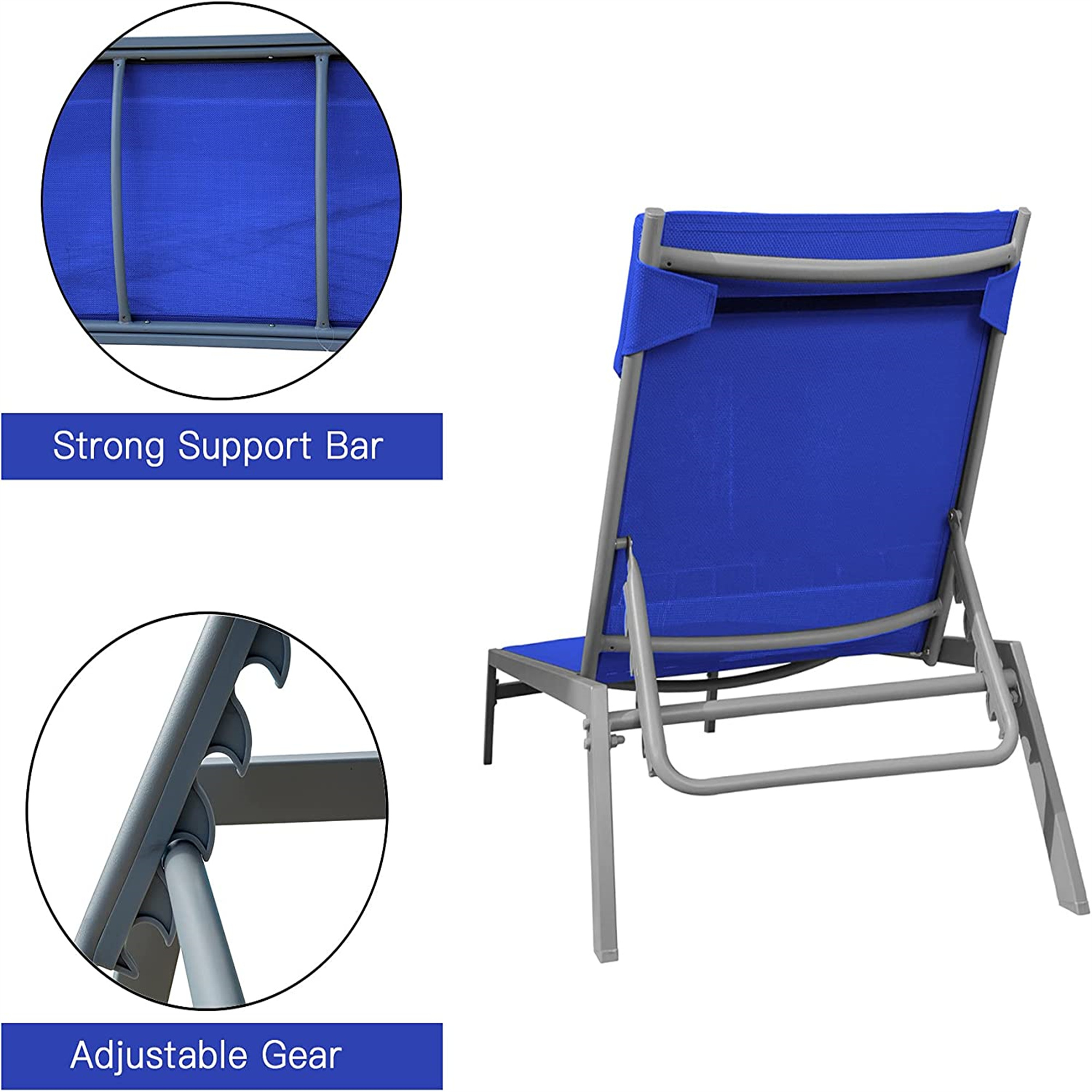 Patio Chaise Lounge Set, 3 Pieces Adjustable Backrest Pool Lounge Chairs Steel Textilene Sunbathing Recliner With Headrest Blue.2 Lounge Chairs 1 Table