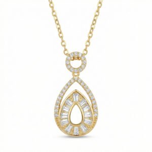 925 Sterling Silver Elegant Pear-Shaped Pendant Necklace with Marquise and Sunburst Baguette Accents