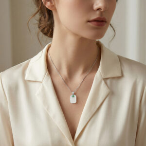 925 Sterling Silver Elegant White Jade Pendant Necklace with Emerald and CZ Accents