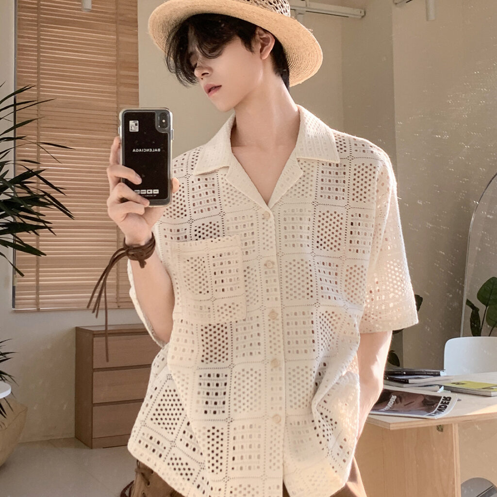 Hollow-out Loose Solid-color Mens Shirt