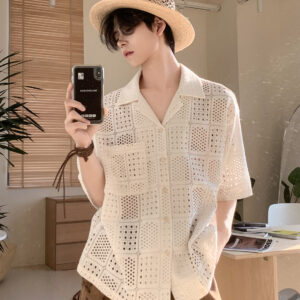 Hollow-out Loose Solid-color Mens Shirt