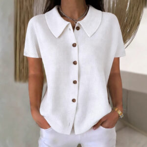Turn-down Collar Waffle-Weave Solid Color Casual Loose Short-Sleeve Shirt