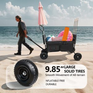 Fishing Cart Beach Cart Collapsible Wagon 9.85 All- Terrain Wheels For Sand Heavy Duty Garden Cart With Rod Holders Umbrella Holder And Storage Pockets 550lb Large Capacity Black