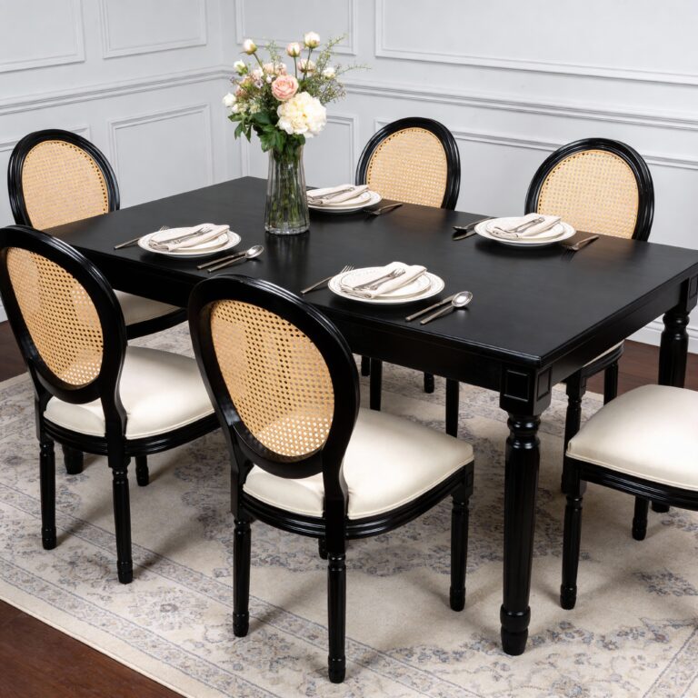 French Country Dining Chairs Set Of 2, Upholstered Chairs With Rattan Round Back, For Living Room, Kitchen , Restaurant Use, Black Solid Wood Frame, Beige Fabric