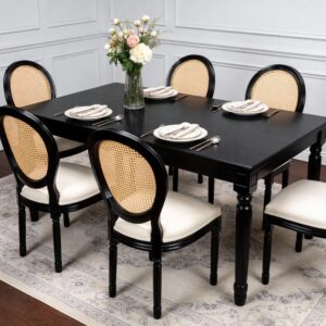 French Country Dining Chairs Set Of 2, Upholstered Chairs With Rattan Round Back, For Living Room, Kitchen , Restaurant Use, Black Solid Wood Frame, Beige Fabric