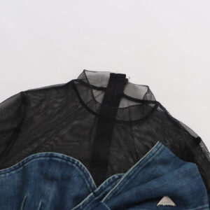 Denim Bow Mesh Overlay Top