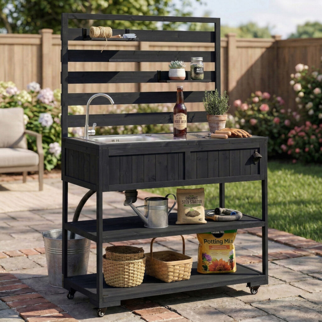 With Assembly Video TOPMAx 41.7 Large Patio Rolling Kitchen Island Solid Wood Kitchen Cart With Sink Garden Potting Bench With Stainless Table Top 2 Movable Shelves And 1 Bottle Opener Black