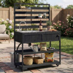 With Assembly Video TOPMAx 41.7 Large Patio Rolling Kitchen Island Solid Wood Kitchen Cart With Sink Garden Potting Bench With Stainless Table Top 2 Movable Shelves And 1 Bottle Opener Black