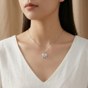 925 Sterling Silver Sterling Silver Ruyi Longevity Lock Pendant Necklace with Mother-of-Pearl and Crystal Charms