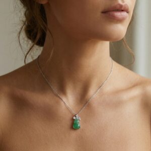 925 Sterling Silver Exquisite Green Jadeite Hulu Gourd Pendant Necklace with Sparkling CZ Accents