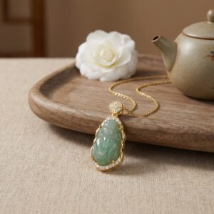 925 Sterling Silver Elegant Hand-Carved Green Jade Pendant Necklace with Shimmering Gemstone Accents