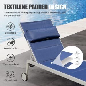 Outdoor Patio Chaise Lounge Set Of 3, Aluminum Pool Lounge Chairs With Side Table And Wheels, Textilene Padded Adjustable Recliner All Weather For Poolside, Beach, Yard, Balcony Navy Blue