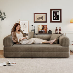 78.8 Compression Sofa,Convertible Floor Sofa Bed-with Pillow Back Support Armrest,Comfy Futon Couch Sleeper Bed,Loveseats Boneless Modular Sectional Sofa,Corduroy Fabric,for Living Room,Bedroom,Camel