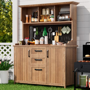 Wooden Garden Cabinet, Garden Tool Cabinet Made Of Solid Fir Wood Freestanding Cabinet With 3 Drawers, 3 Compartments, Metal Pegboard And Adjustable Shelves