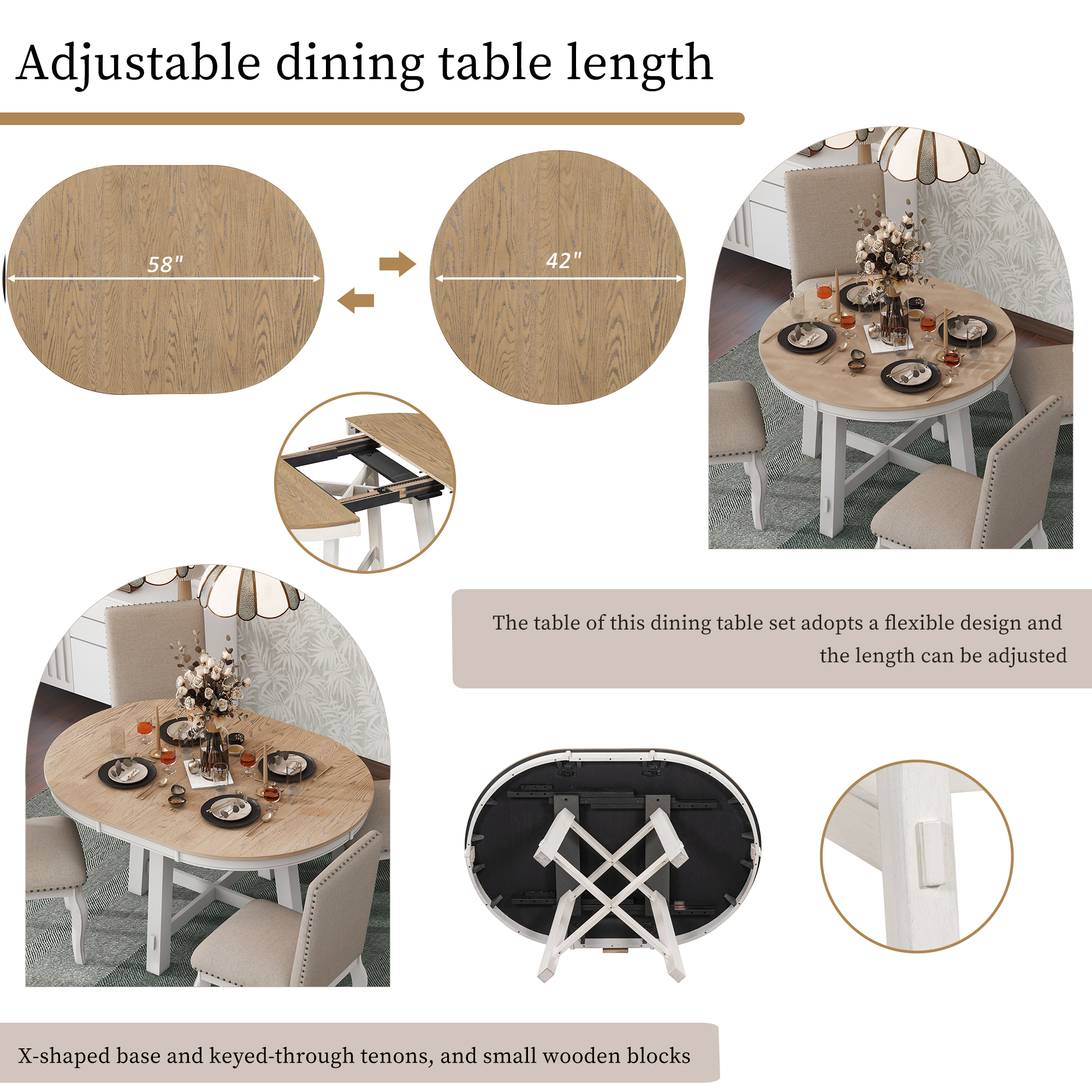 TREXM Farmhouse Round Extendable Dining Table With 16 Leaf Wood Kitchen Table Oak Natural Wood Antique White