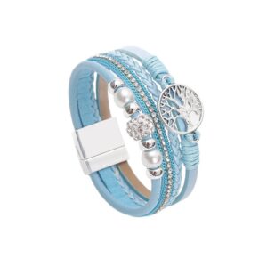 Drilled-bead Multi-layer PU Leather Braided Magnetic-clasp Bracelet