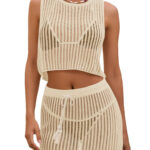 Fisoew Womens 2 Piece Crochet Sets Sleeveless Crop Tops Cover Up Beach Mini Skirt Outfits Vacation Sets