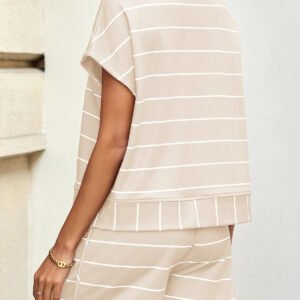 Fisoew Women Summer 2 Piece Outfits Striped Short Sleeve Zipper Shirts Casual Shorts Loose Lounge Short Sets