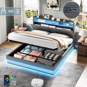 4ft6 Double Upholstered Bed Frame With Hydraulic Storage, LED Headboard With Charging Station And Concealed Headboard Storage, USB And Type - C Ports, Linen, No Box Spring Needed, Grey No Mattress