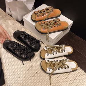 2026 Summer New Arrival Women’s Retro Platform Lace-Up Slide Sandals, Niche Design Beach Shoes, Vacation Style Slip-On Slippers For Outdoor Wear