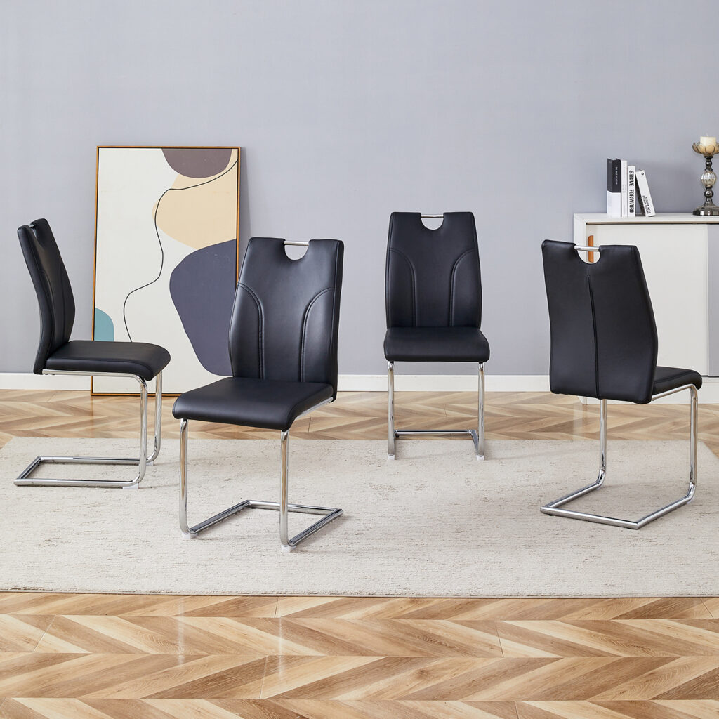 Black PU Dining Chair Set.Uniquely Designed Black Dining Chairs. PU Material, Paired With Silver Metal Chair Legs. Suitable For Offices, Restaurants, Kitchens, Conference Rooms, Etc. Set Of 4