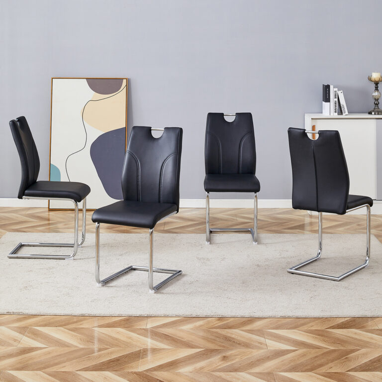 Black PU Dining Chair Set.Uniquely Designed Black Dining Chairs. PU Material, Paired With Silver Metal Chair Legs. Suitable For Offices, Restaurants, Kitchens, Conference Rooms, Etc. Set Of 4