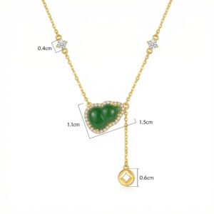 925 Sterling Silver Elegant Green Jadeite Gourd Necklace with Shimmering Stone Accents and Lucky Coin Drop