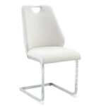Dining Chairs Set Of 2, White Faux Leather Kitchen Chairs With Gold Mesh Texture, Silver Back Ring And Chrome Pull Handle, High Back Upholstered Dining Room Chair White, Set Of 2