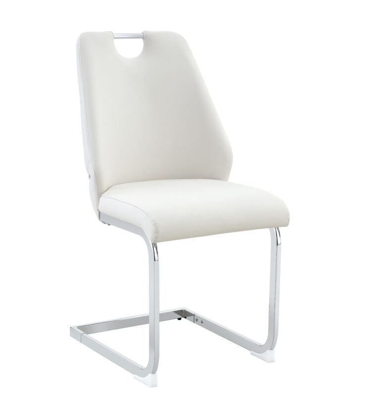 Dining Chairs Set Of 2, White Faux Leather Kitchen Chairs With Gold Mesh Texture, Silver Back Ring And Chrome Pull Handle, High Back Upholstered Dining Room Chair White, Set Of 2