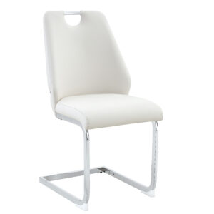 Dining Chairs Set Of 2, White Faux Leather Kitchen Chairs With Gold Mesh Texture, Silver Back Ring And Chrome Pull Handle, High Back Upholstered Dining Room Chair White, Set Of 2