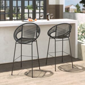 Ferrara Outdoor Patio Black Faux Wicker Barstool Set Of 2
