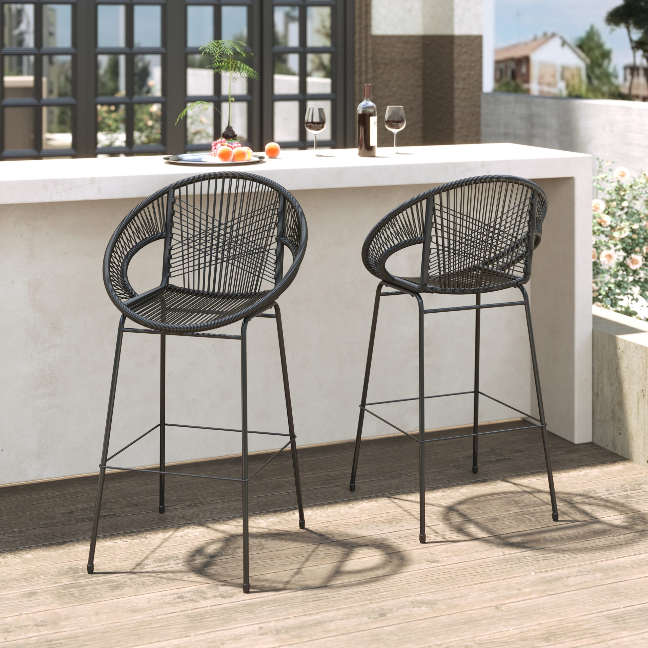 Ferrara Outdoor Patio Black Faux Wicker Barstool Set Of 2 - Image 5