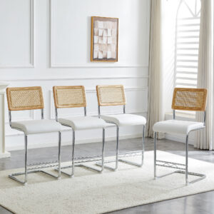 Natural Rattan Bar Stool 4-piece Set With Solid Wood Backrest 25 Inches Medieval Modern Style Counter Stool White PU Leather Kitchen Stool Chrome Metal Legs.