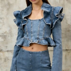 Long-sleeved Cropped Denim Jacket With Ruffled Hem